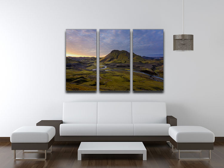 Iceland Highlands 3 Split Panel Canvas Print showcasing stunning landscapes in three panels, perfect for home decor.