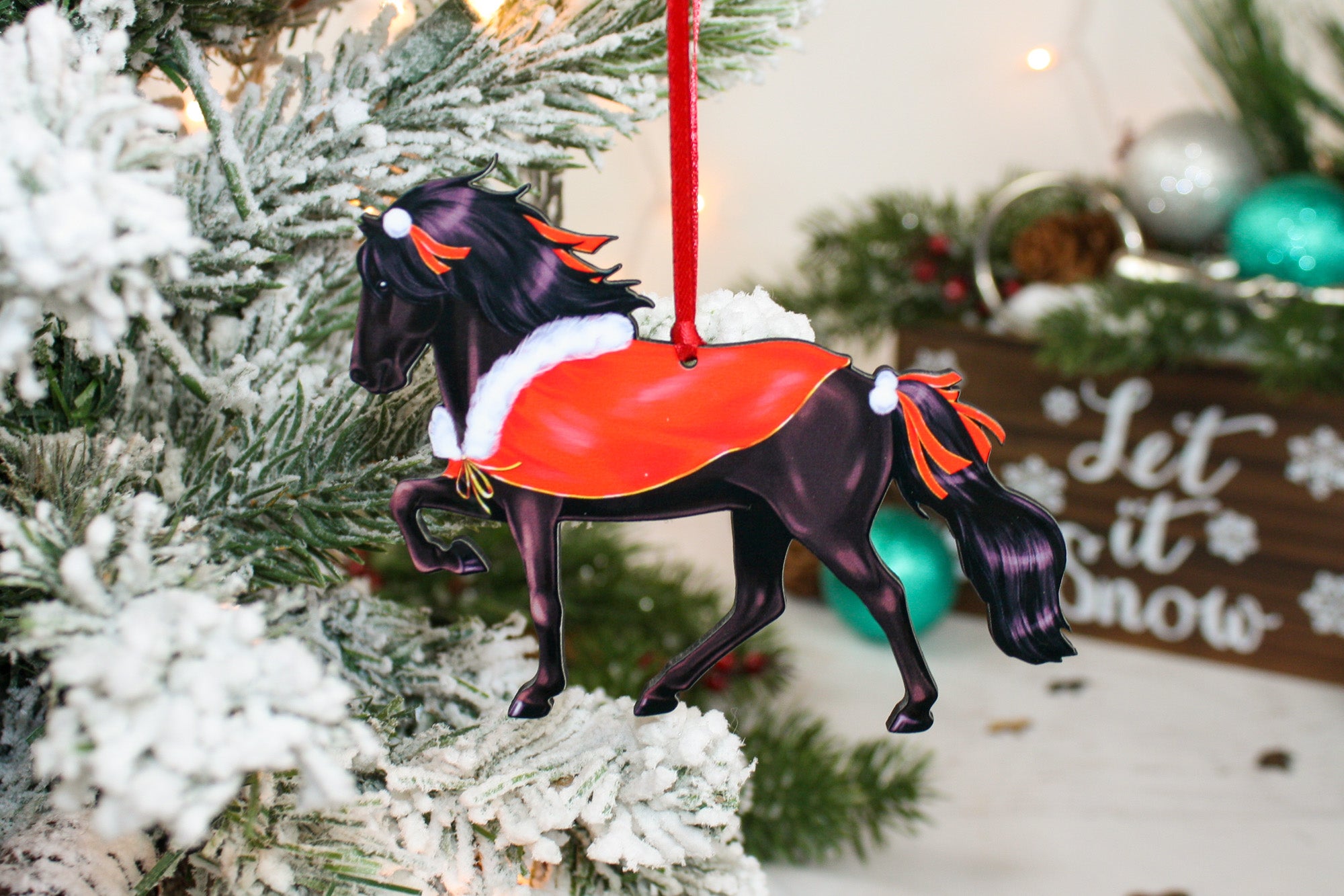 Handmade Icelandic Horse Christmas ornament featuring a tolting gait design, crafted from composite wood.