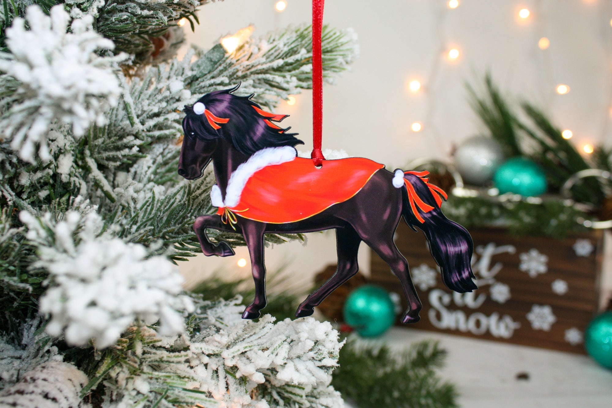 Handmade Icelandic Horse Christmas ornament featuring a tolting gait design, crafted from composite wood.