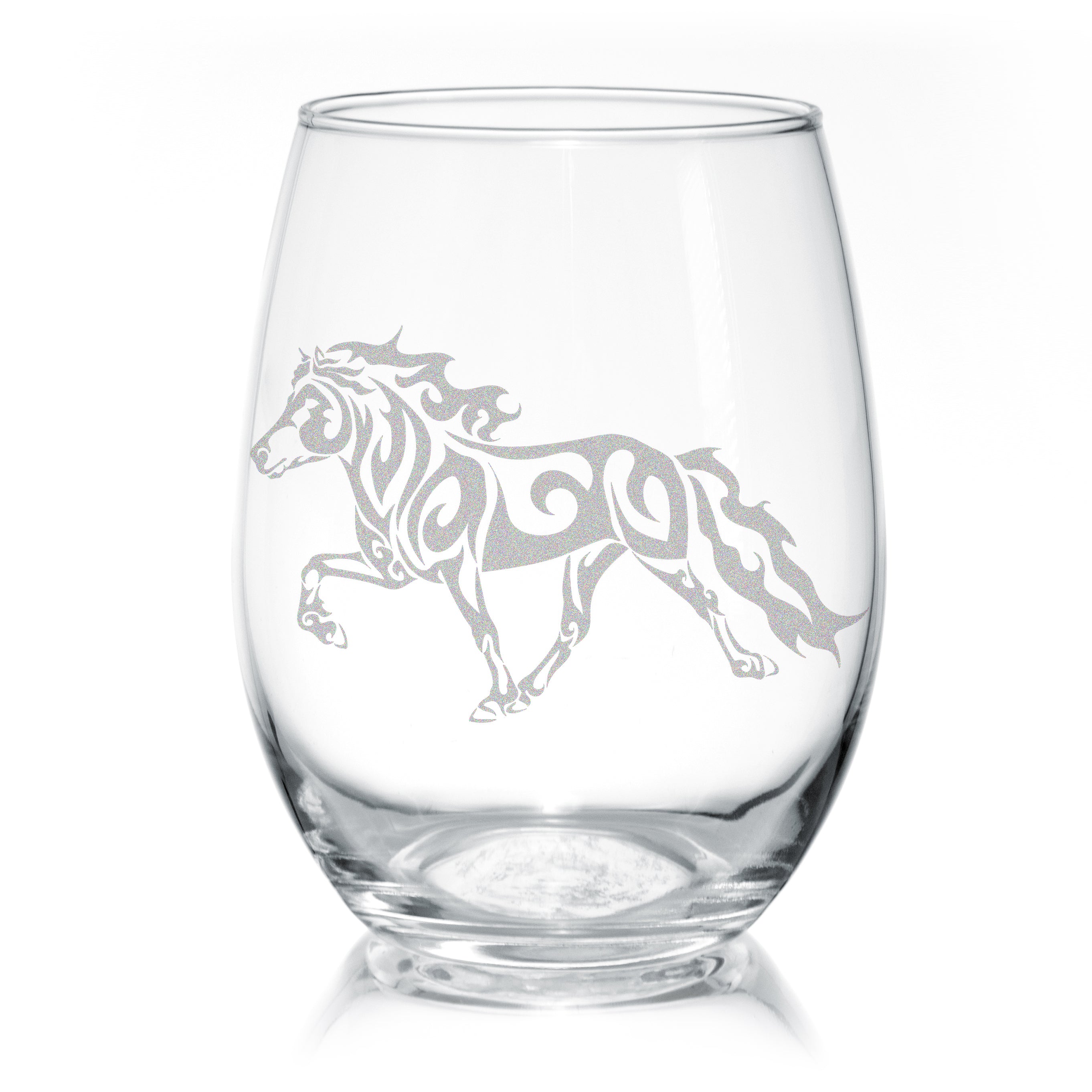 Set of elegant stemless wine glasses featuring laser engraved Icelandic horse design, perfect for wine lovers.