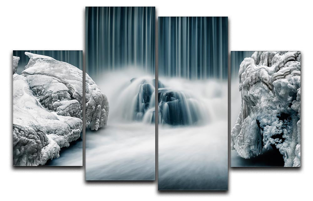 Icy Falls 4 Split Panel Canvas artwork featuring a serene icy waterfall scene divided into four panels.