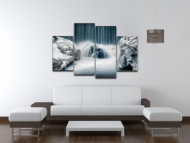 Icy Falls 4 Split Panel Canvas artwork featuring a serene icy waterfall scene divided into four panels.