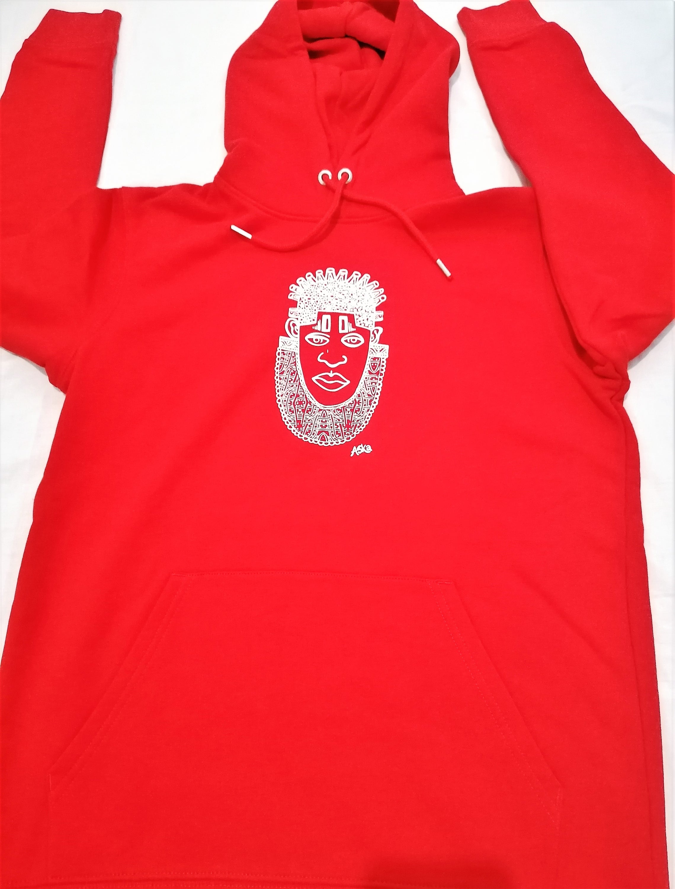 IDIA African Inspired Hoodie in vibrant red featuring white screen printed art of Queen IDIA, showcasing cultural heritage and contemporary fashion.