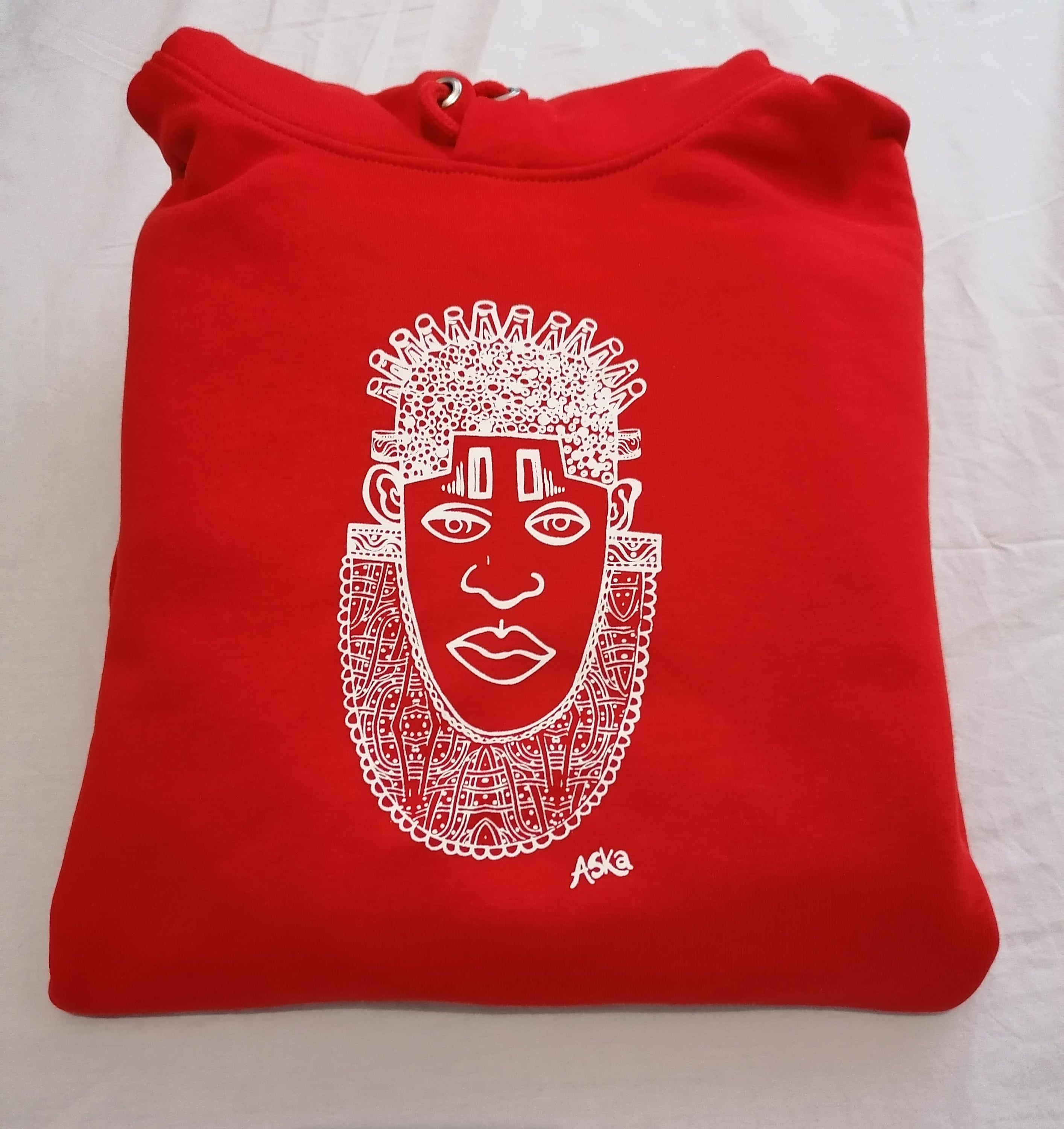 IDIA African Inspired Hoodie in vibrant red featuring white screen printed art of Queen IDIA, showcasing cultural heritage and contemporary fashion.