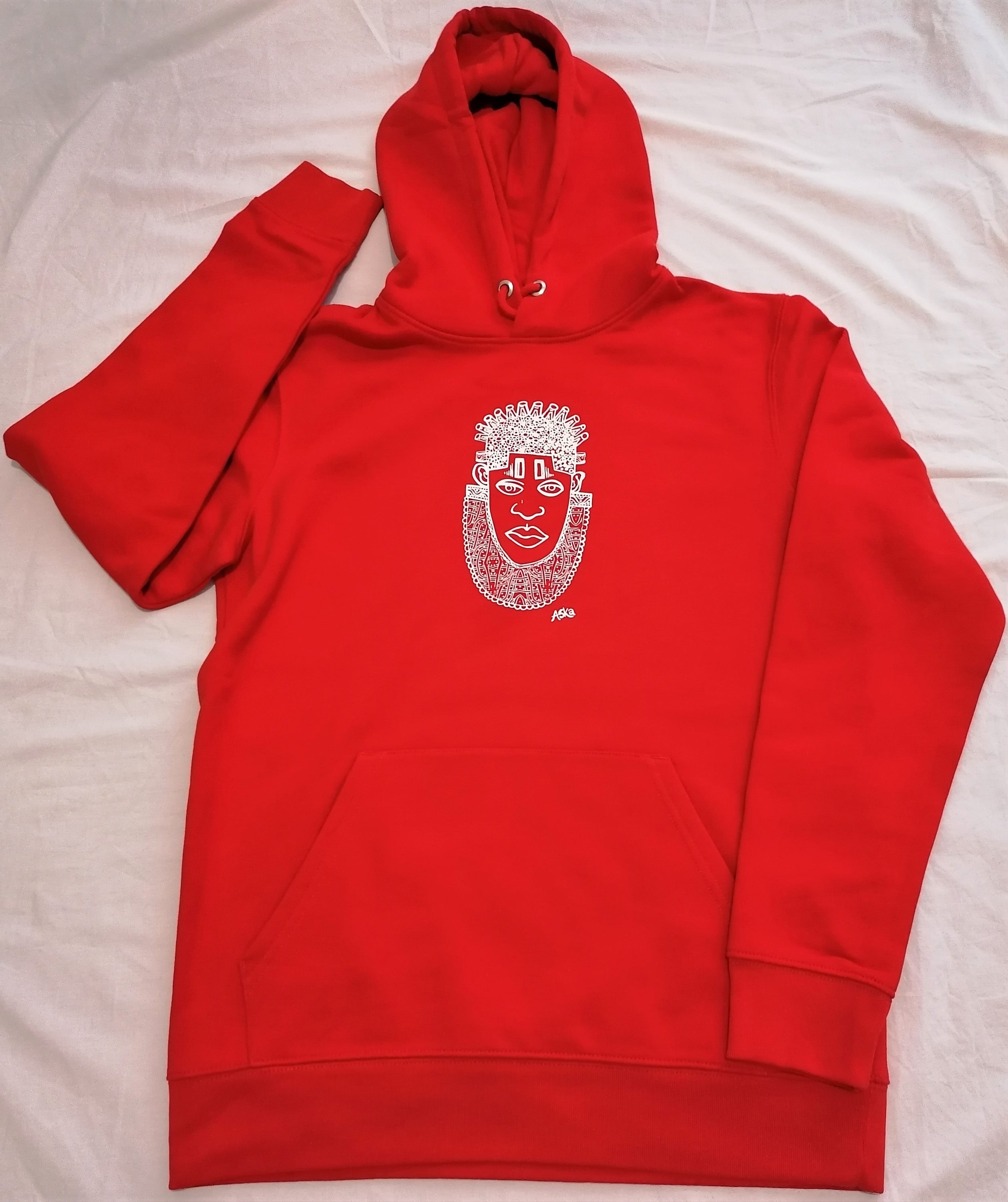 IDIA African Inspired Hoodie in vibrant red featuring white screen printed art of Queen IDIA, showcasing cultural heritage and contemporary fashion.