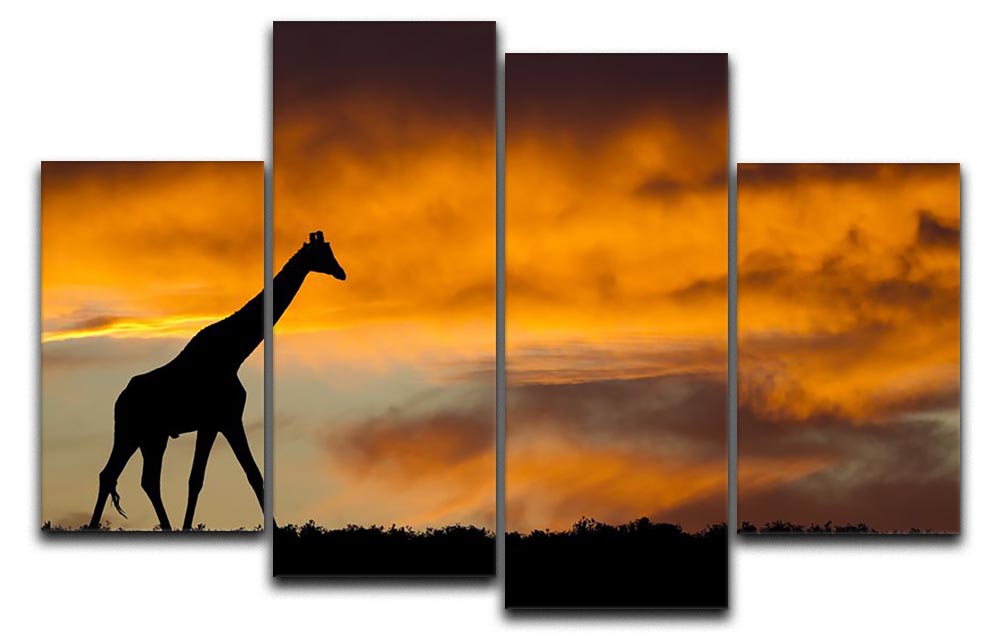 Idyllic African Wildlife Silhouette 4 Split Panel Canvas featuring majestic animals in silhouette against a vibrant backdrop.