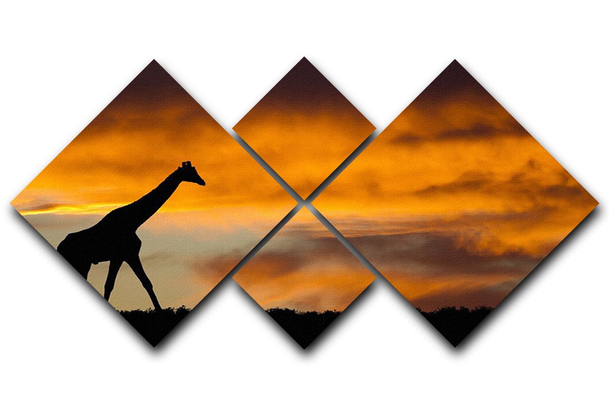Idyllic African wildlife silhouette artwork displayed in a four-panel canvas arrangement, showcasing elegant animal silhouettes against a serene background.