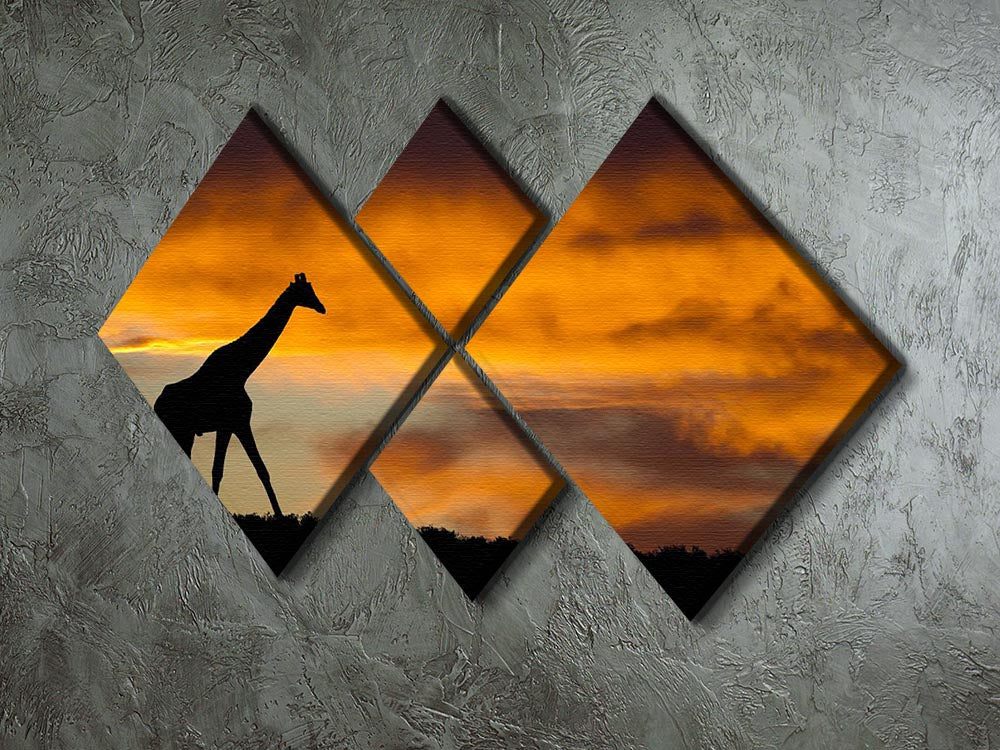 Idyllic African wildlife silhouette artwork displayed in a four-panel canvas arrangement, showcasing elegant animal silhouettes against a serene background.
