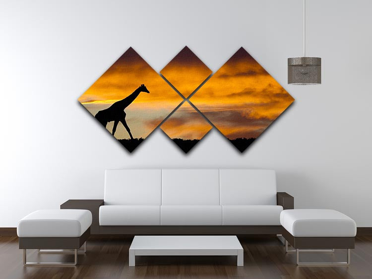 Idyllic African wildlife silhouette artwork displayed in a four-panel canvas arrangement, showcasing elegant animal silhouettes against a serene background.