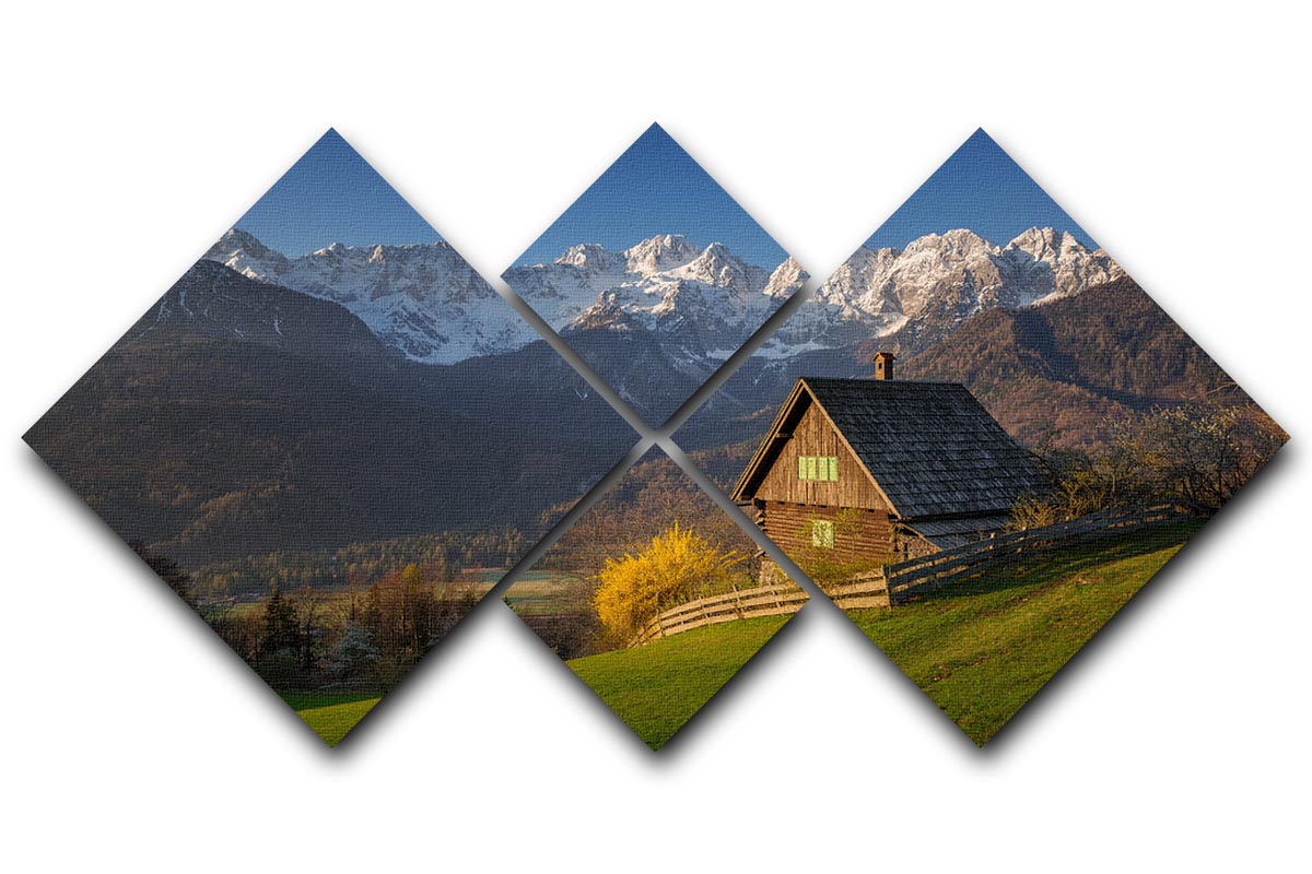 Idyllic Scenery 4 Square Multi Panel Canvas featuring a serene landscape divided into four equal panels, showcasing vibrant colors and intricate details.