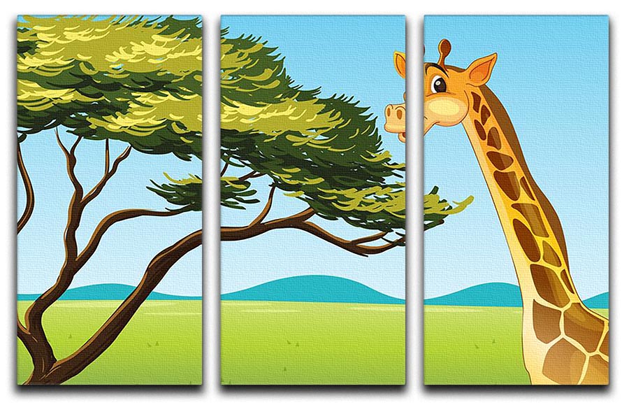 A beautiful illustration of a giraffe on a three-panel canvas print, showcasing vibrant colors and intricate details.