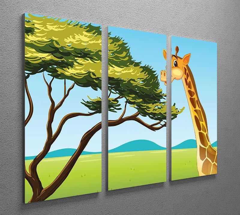 A beautiful illustration of a giraffe on a three-panel canvas print, showcasing vibrant colors and intricate details.