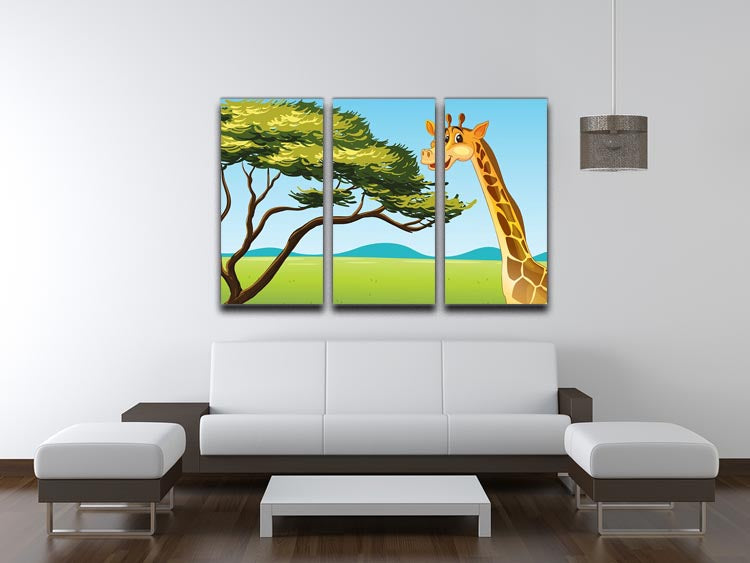 A beautiful illustration of a giraffe on a three-panel canvas print, showcasing vibrant colors and intricate details.
