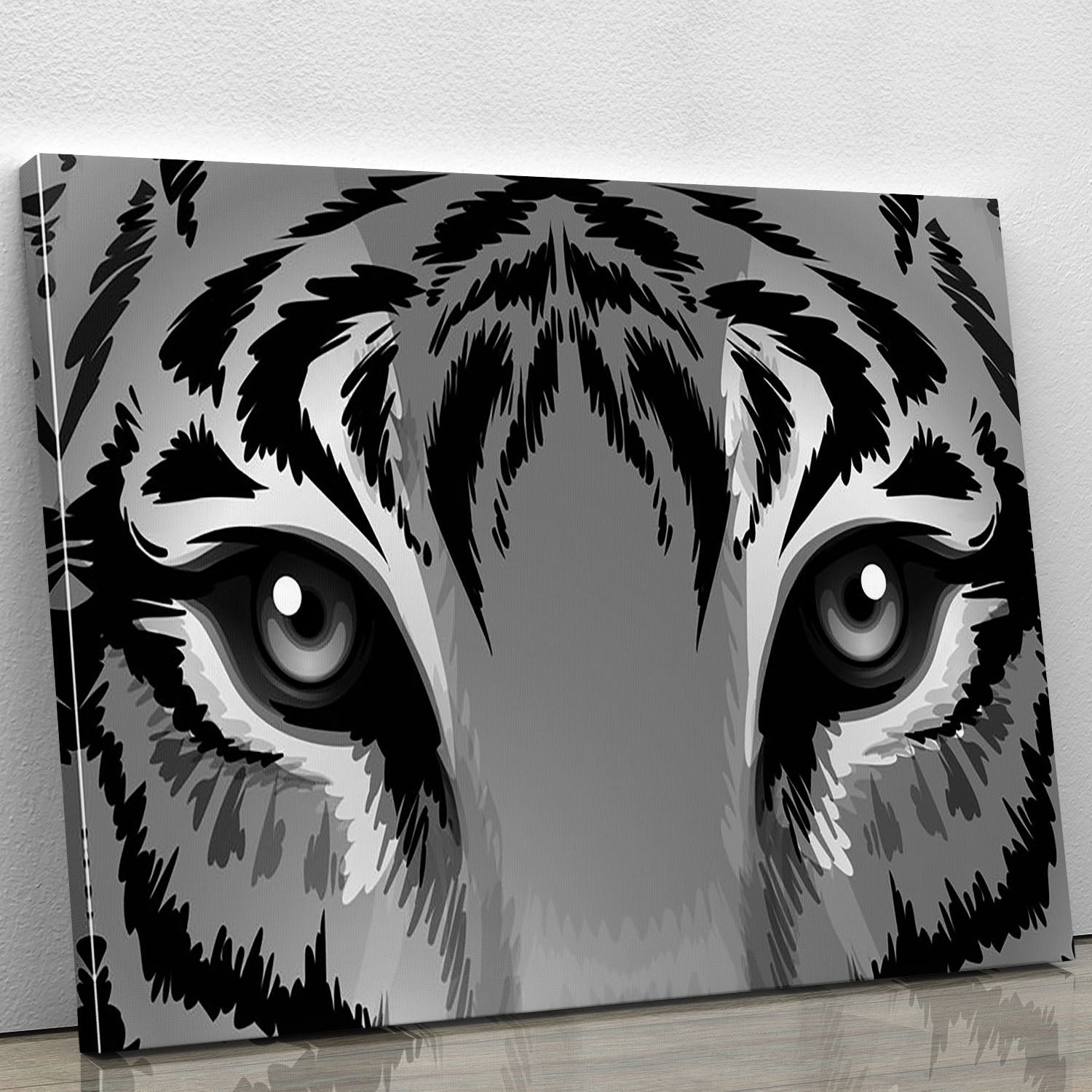 A vibrant canvas print of a tiger with sharp eyes, showcasing intricate details and colors, perfect for home decor.