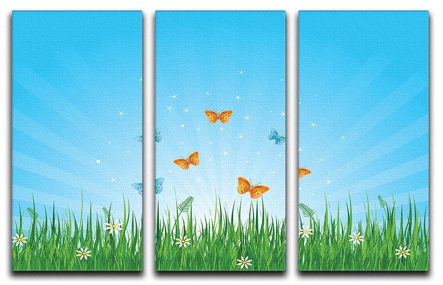 A beautiful 3-panel canvas illustration depicting a grassy field with colorful butterflies, perfect for home decor.