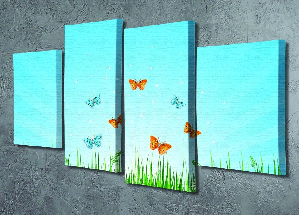 A vibrant 4-split canvas artwork depicting a grassy field with colorful butterflies, creating a serene and dynamic visual effect.