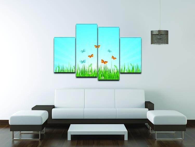 A vibrant 4-split canvas artwork depicting a grassy field with colorful butterflies, creating a serene and dynamic visual effect.
