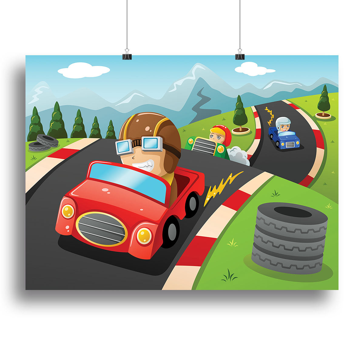 A colorful illustration of happy kids racing in a car, perfect for children's decor.