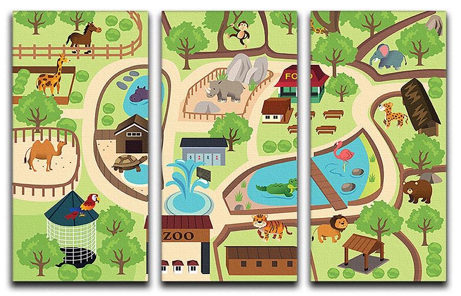 A beautiful 3-panel canvas print depicting a vibrant zoo park illustration, perfect for home decor.