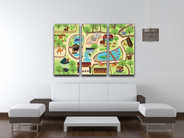 A beautiful 3-panel canvas print depicting a vibrant zoo park illustration, perfect for home decor.