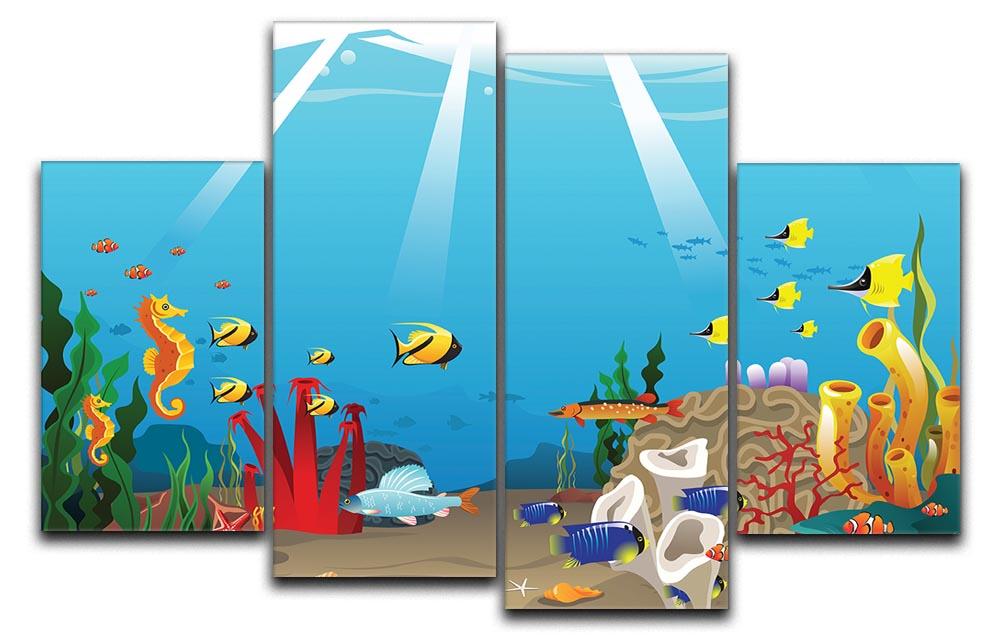 A vibrant 4-panel canvas artwork depicting marine life, showcasing colorful fish and underwater scenery.