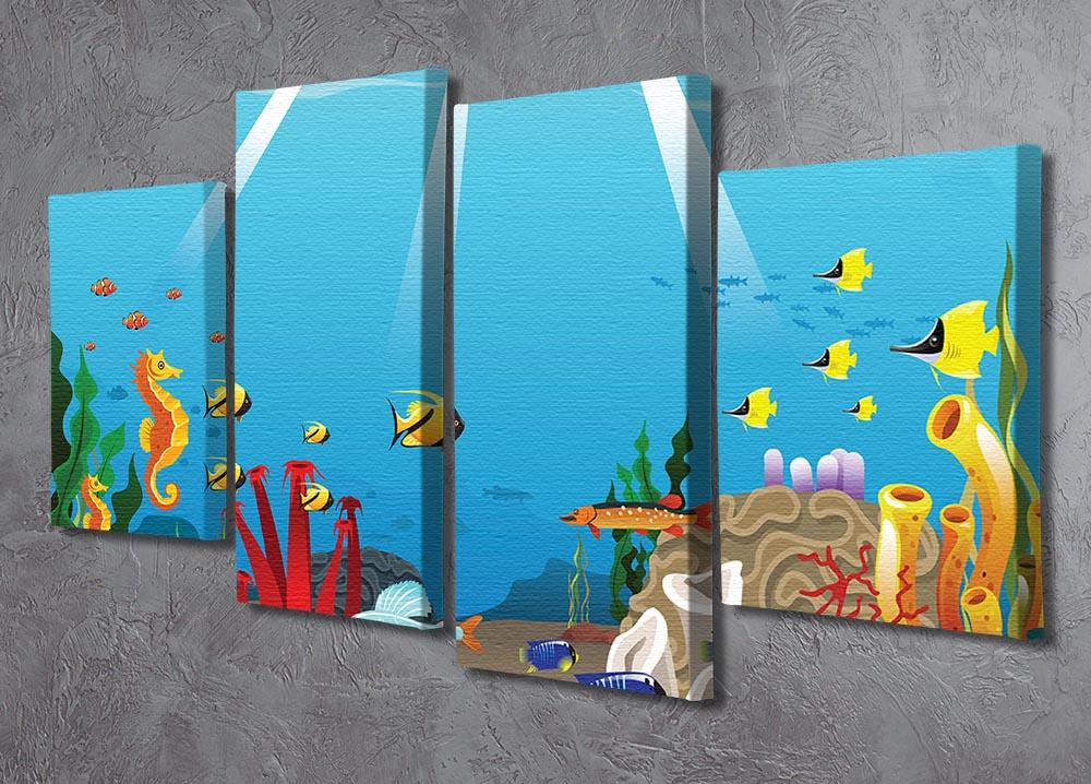 A vibrant 4-panel canvas artwork depicting marine life, showcasing colorful fish and underwater scenery.