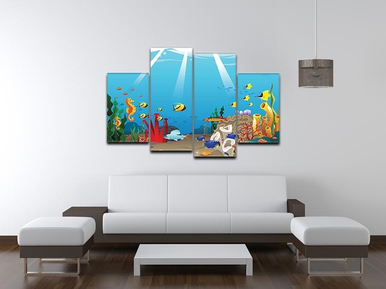 A vibrant 4-panel canvas artwork depicting marine life, showcasing colorful fish and underwater scenery.