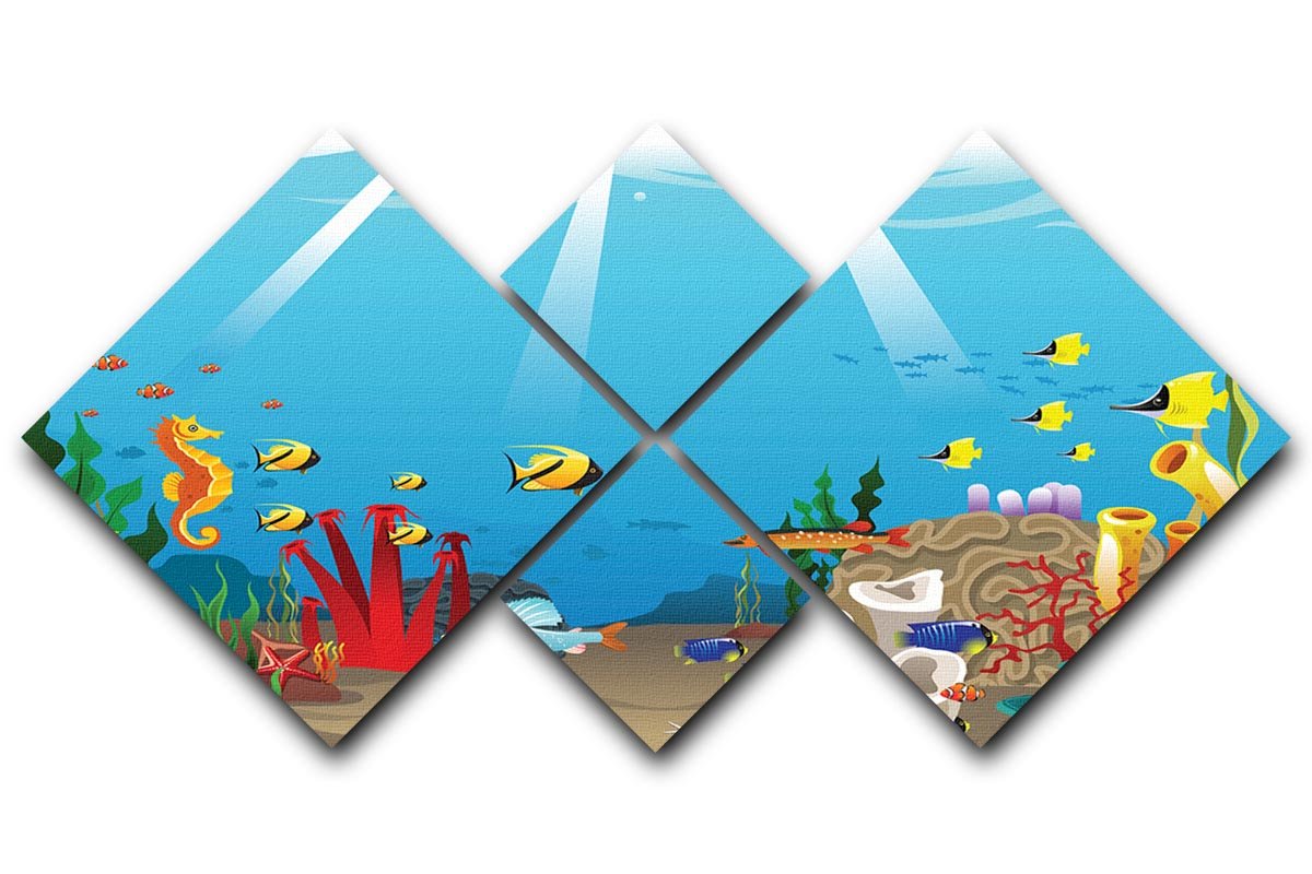 A vibrant 4-square multi-panel canvas artwork depicting marine life, featuring colorful fish and coral designs.