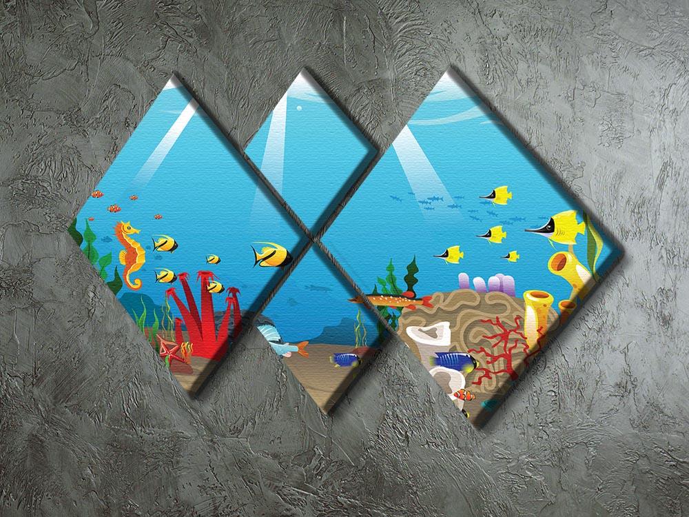 A vibrant 4-square multi-panel canvas artwork depicting marine life, featuring colorful fish and coral designs.