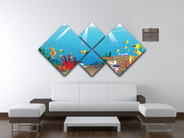 A vibrant 4-square multi-panel canvas artwork depicting marine life, featuring colorful fish and coral designs.
