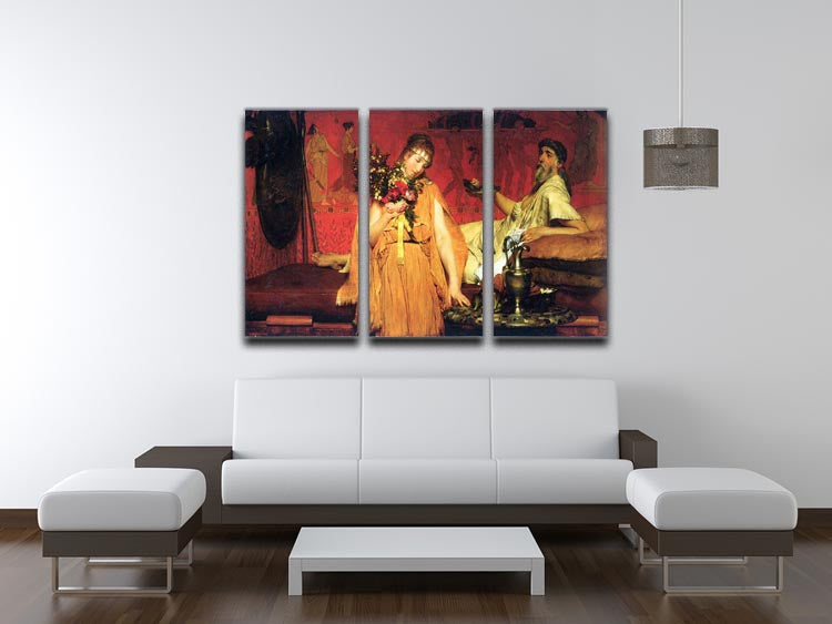 A stunning 3-panel canvas print titled 'In a State of Trepidation' by Alma Tadema, showcasing intricate details and vibrant colors.