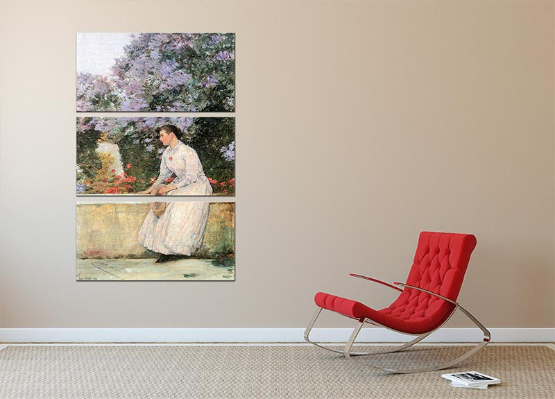 In the Garden by Hassam 3 Split Panel Canvas Print showcasing vibrant colors and elegant design, perfect for home decor.