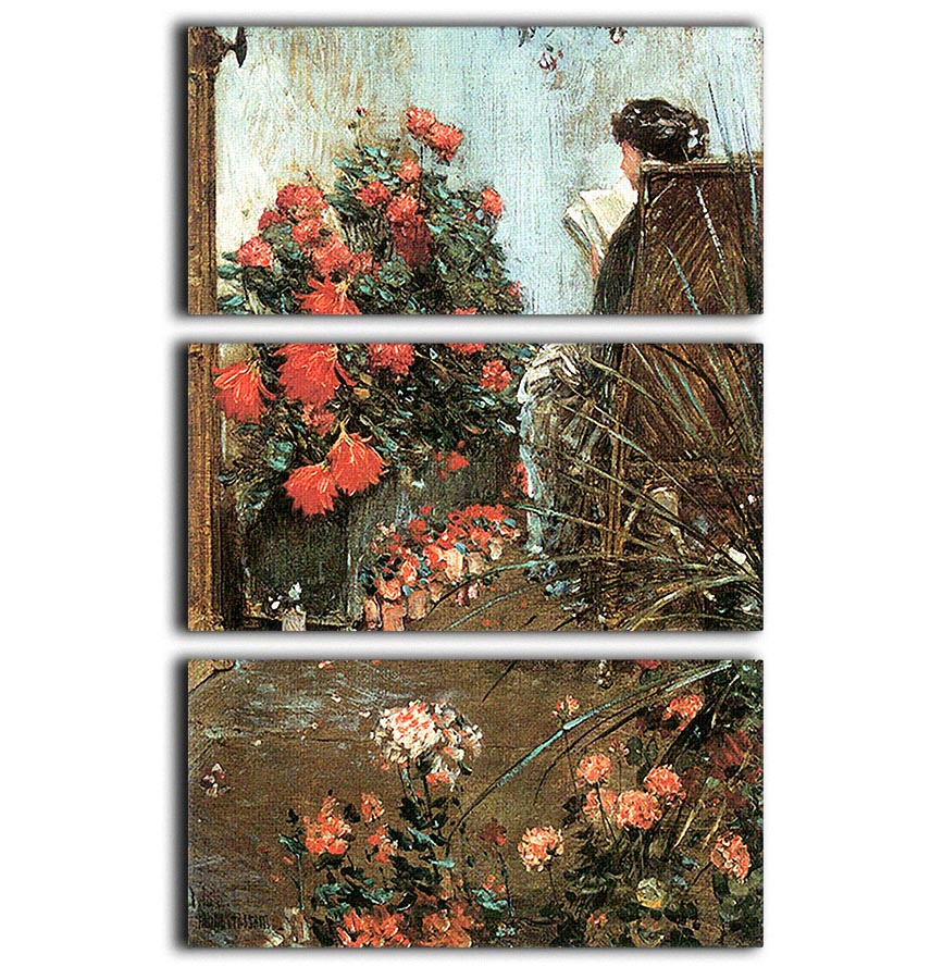 A beautiful 3-panel canvas print titled 'In the Garden in Villiers-le-Bel' by Hassam, showcasing vibrant colors and intricate details.