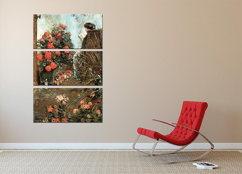 A beautiful 3-panel canvas print titled 'In the Garden in Villiers-le-Bel' by Hassam, showcasing vibrant colors and intricate details.