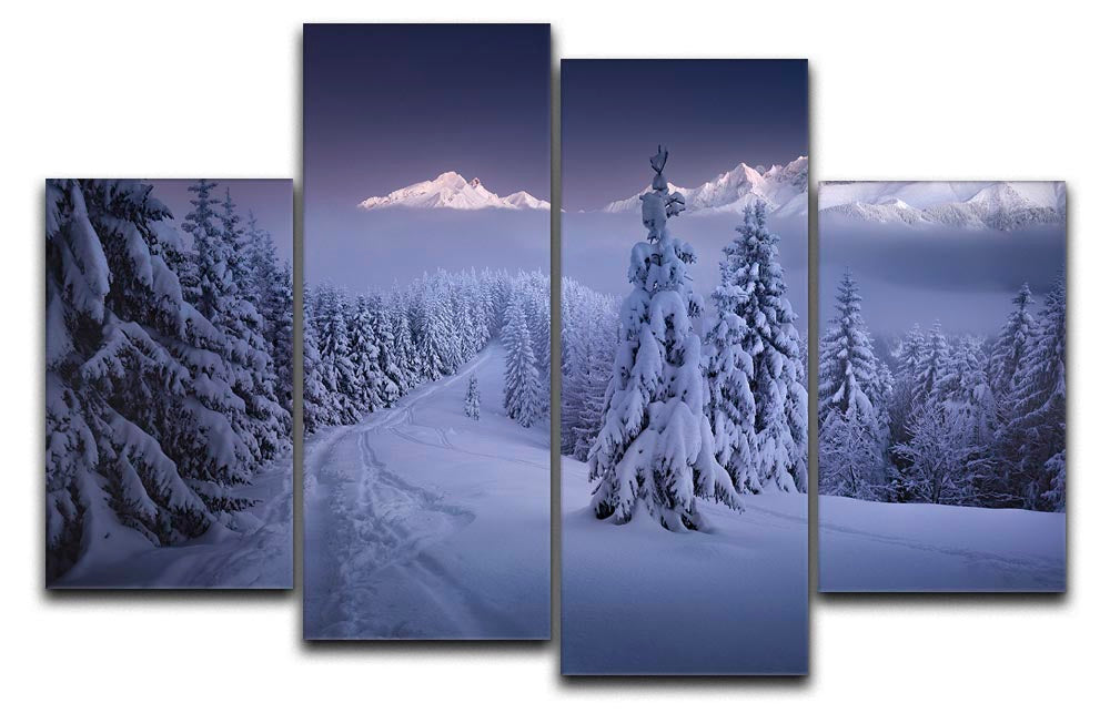 In The Winter 4 Split Panel Canvas artwork featuring serene winter scenery divided into four panels, showcasing a cohesive and dynamic design.