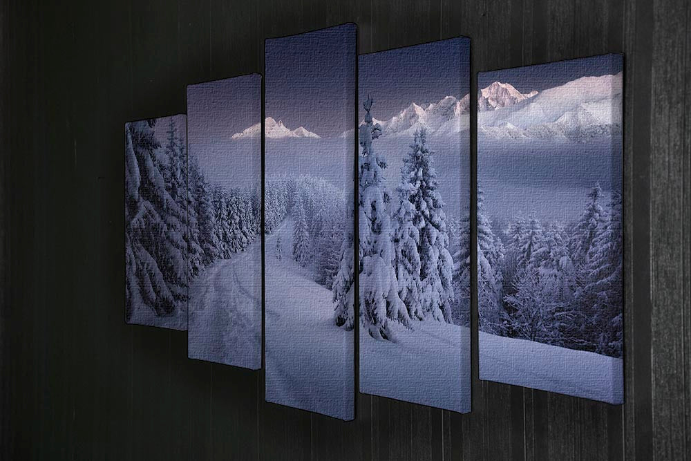 In The Winter 5 Split Panel Canvas artwork featuring a serene winter landscape divided into five panels.