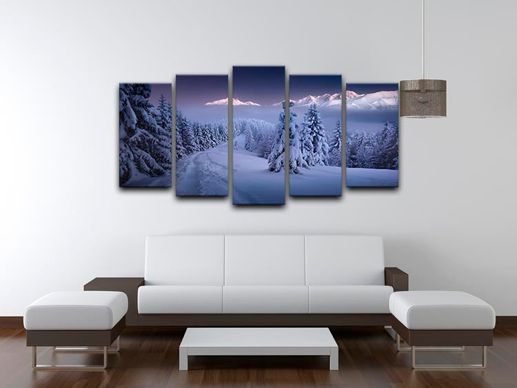In The Winter 5 Split Panel Canvas artwork featuring a serene winter landscape divided into five panels.