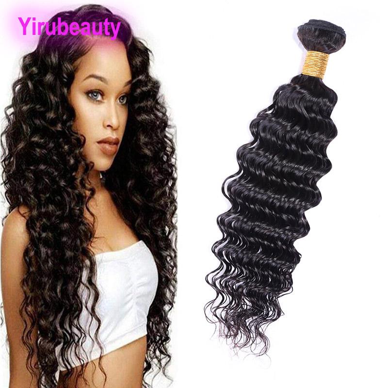 A collection of Indian Human Hair Raw Virgin Hair Bundles in deep wave texture, showcasing various lengths from 10 to 30 inches.