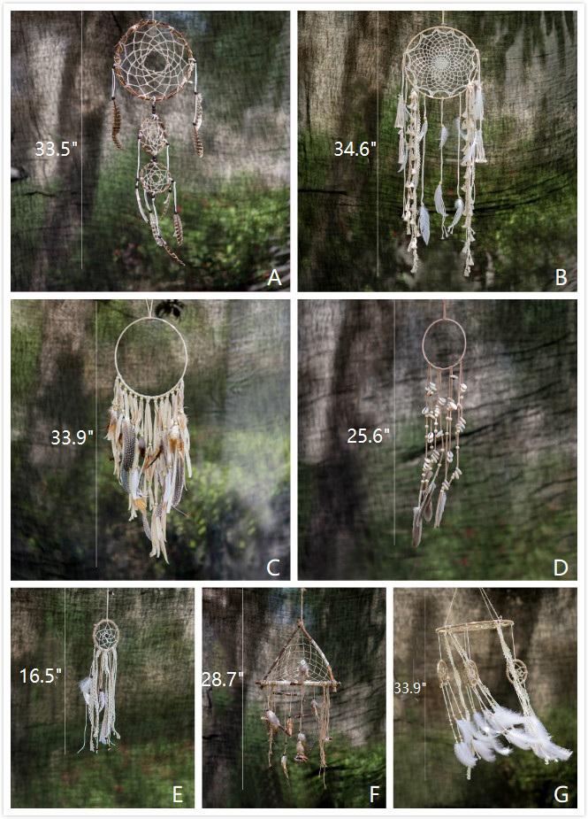 Handmade Indiana Dream Catcher Net featuring natural feathers, wood, and leather in various styles and colors.