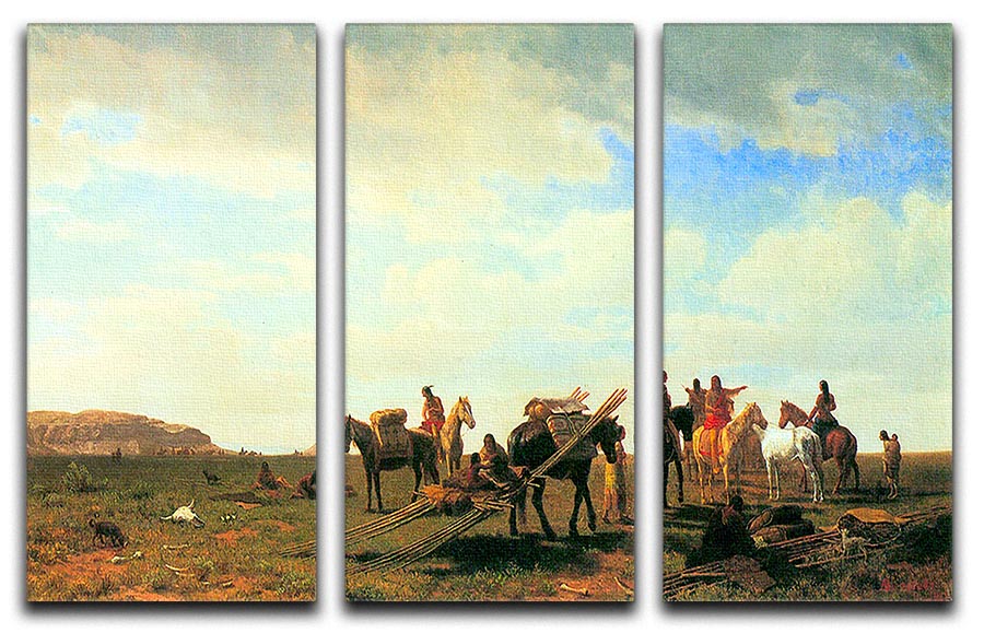Indians near Fort Laramie by Bierstadt 3-panel canvas print showcasing vibrant colors and intricate details.