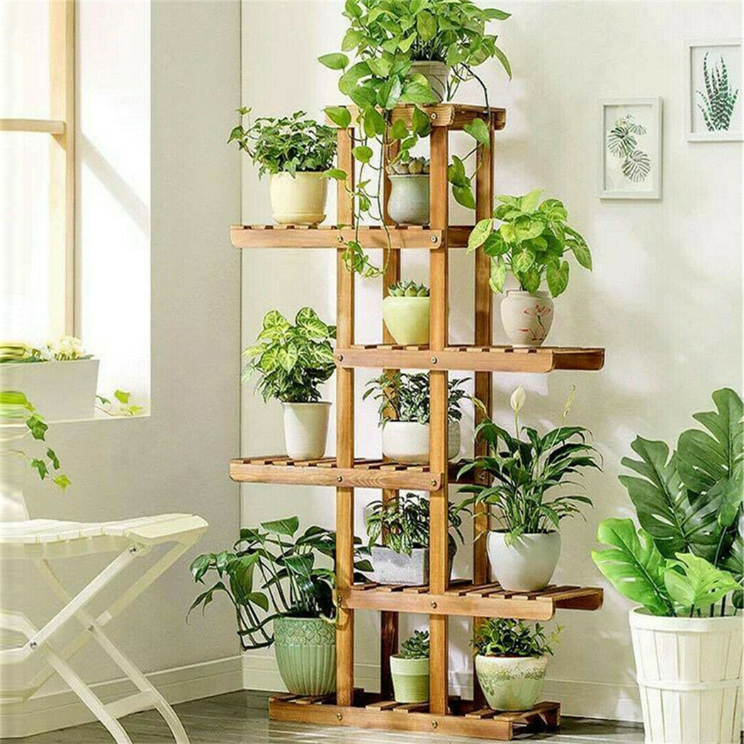 Indoor 6 tier wooden plant stand showcasing various plants, made of solid pine wood, perfect for home decor.