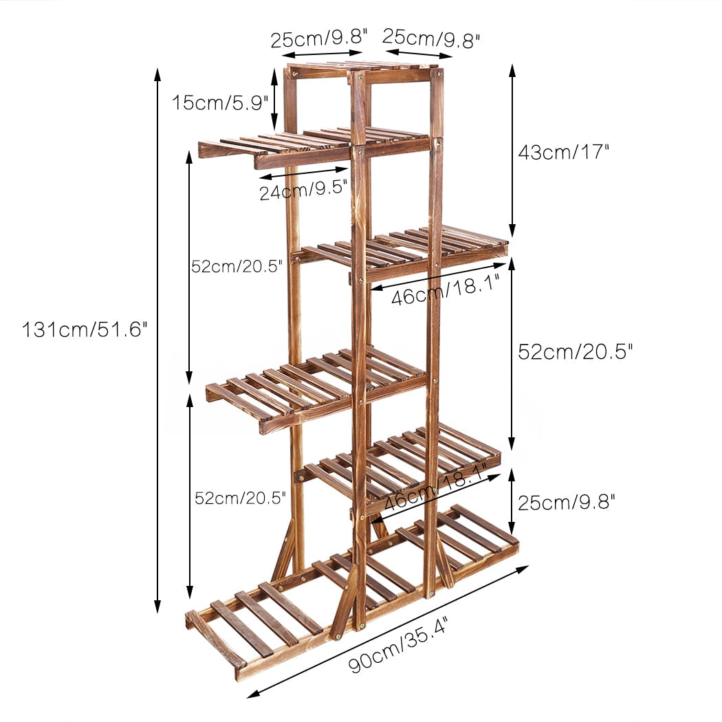 Indoor 6 tier wooden plant stand showcasing various plants, made of solid pine wood, perfect for home decor.