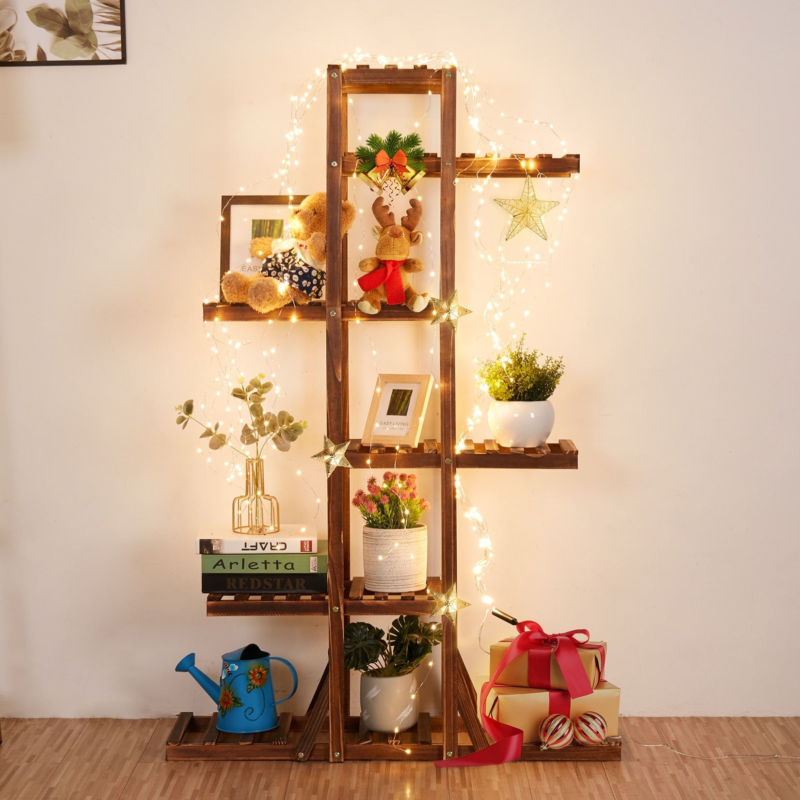 Indoor 6 tier wooden plant stand showcasing various plants, made of solid pine wood, perfect for home decor.