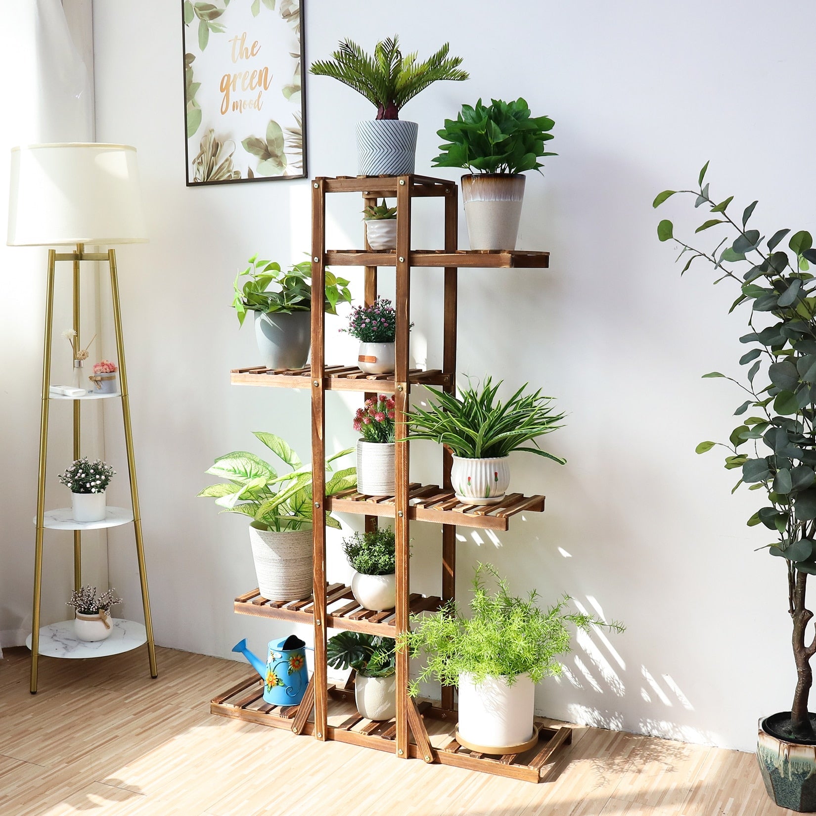 Indoor 6 tier wooden plant stand showcasing various plants, made of solid pine wood, perfect for home decor.