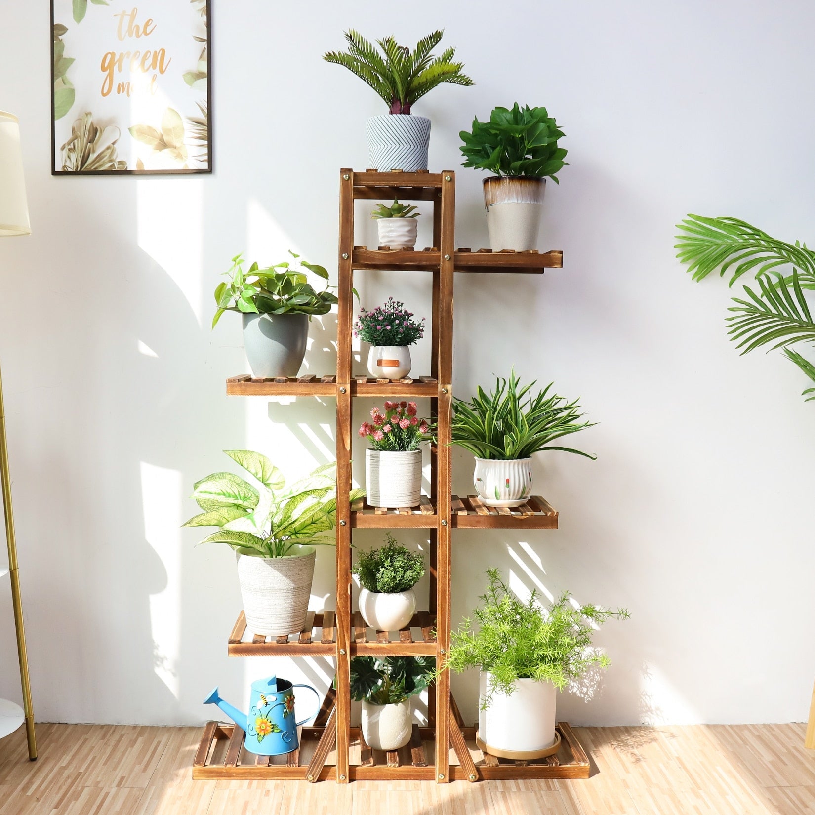 Indoor 6 tier wooden plant stand showcasing various plants, made of solid pine wood, perfect for home decor.