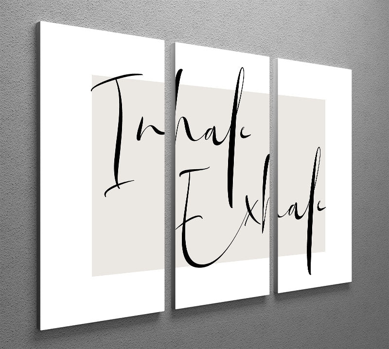 Inhale Exhale Cursive 3 Split Panel Canvas Print showcasing elegant cursive lettering on three separate canvases, perfect for home decor.