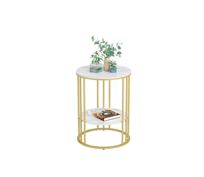 Interior Ave Cleo Gold Two Shelf Stone Side Table featuring a sintered stone top and gold metal frame, showcasing a modern Nordic design.