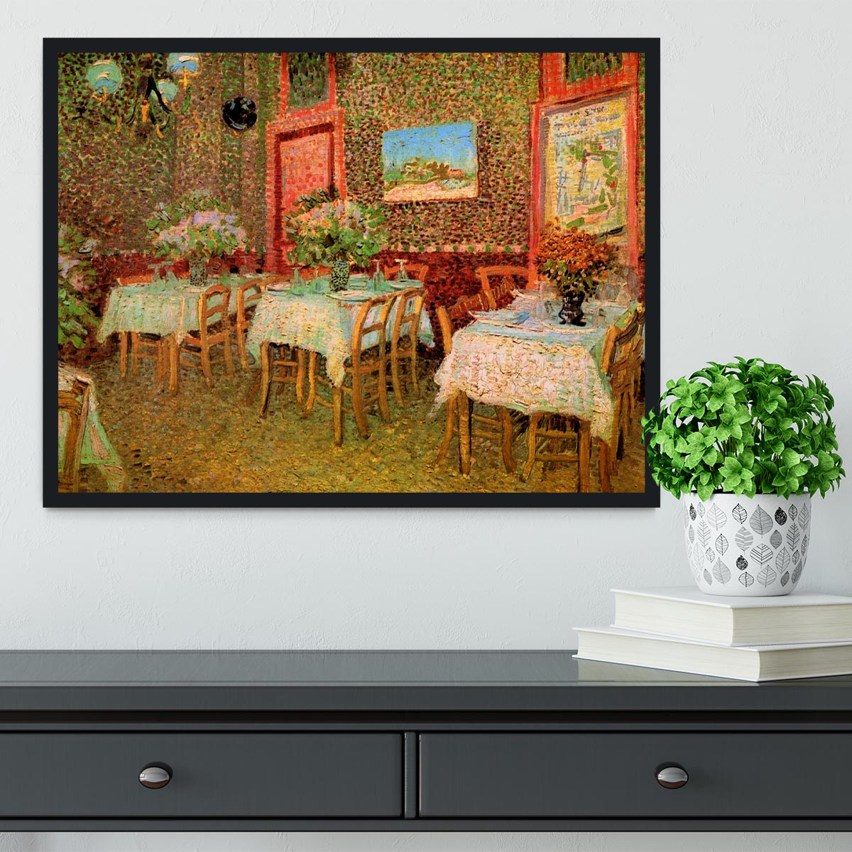 Framed print of Van Gogh's 'Interior of a Restaurant' showcasing vibrant colors and intricate details.