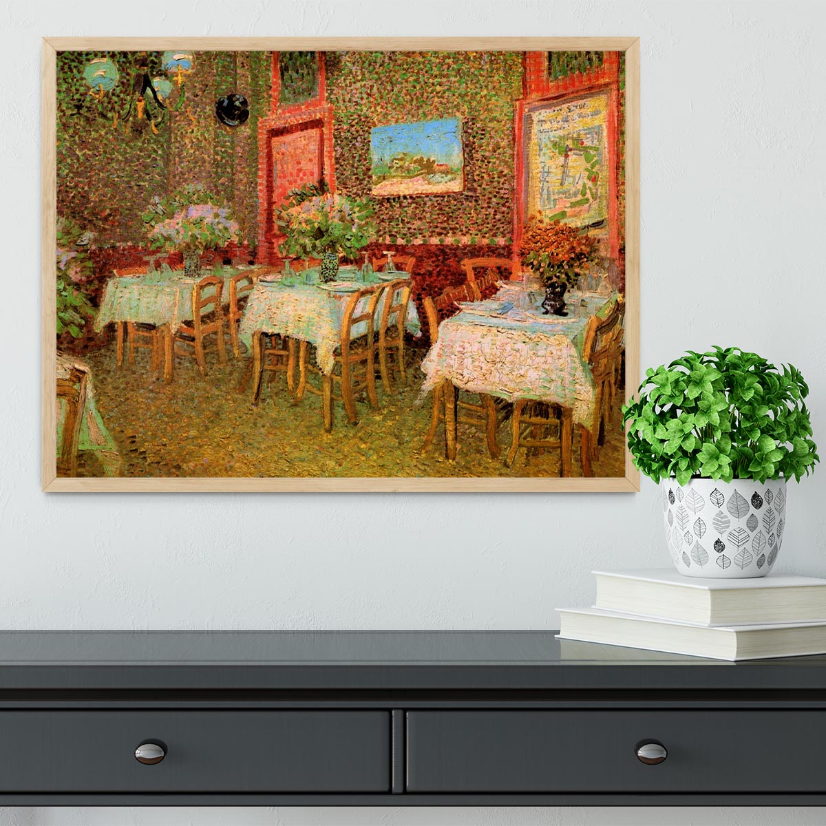 Framed print of Van Gogh's 'Interior of a Restaurant' showcasing vibrant colors and intricate details.