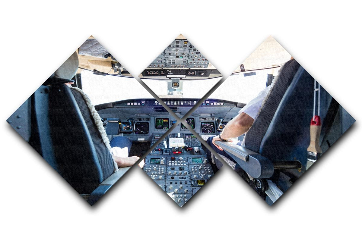 A 4-square multi panel canvas artwork depicting the interior of an airplane cockpit, showcasing intricate details and vibrant colors.